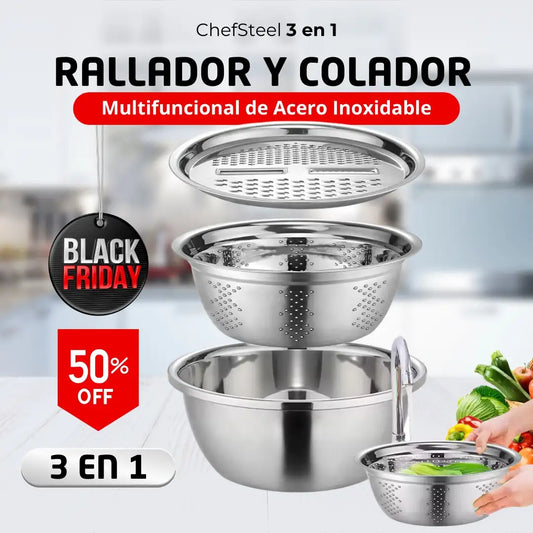 ChefSteel 3 en 1 — Rallador y Colador Multifuncional de Acero Inoxidable